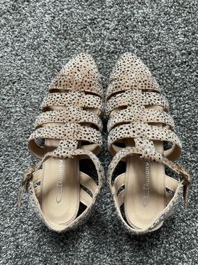 CL by Laundry Tan Leopard-Print Caged Flats with Ankle Strap